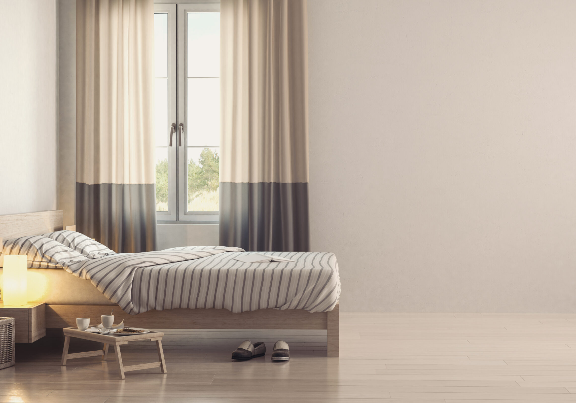 Bedroom with white walls and wooden wall with striped linens near bright window with portable coffee table and slippers. Copy space. 3d Rendering.