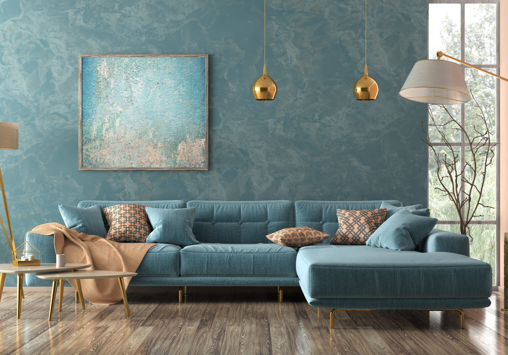 Modern interior of living room with blue corner sofa, coffee tables, floor lamp 3d rendering