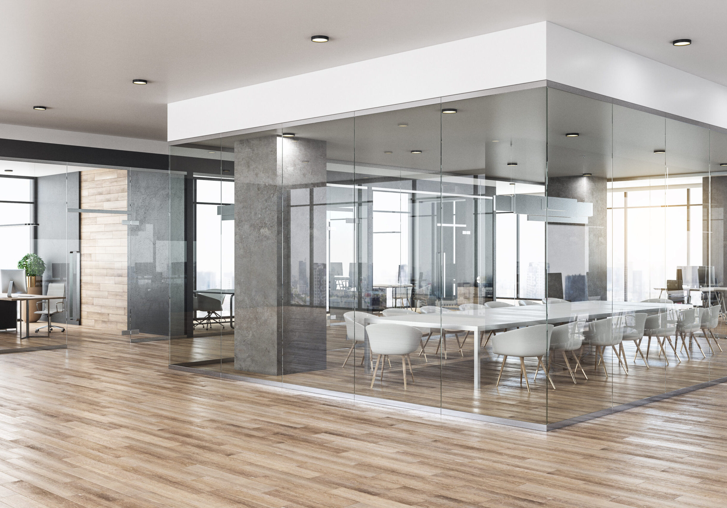 New glass concrete office interior with city view, daylight, wooden floor furniture and equipment. 3D Rendering